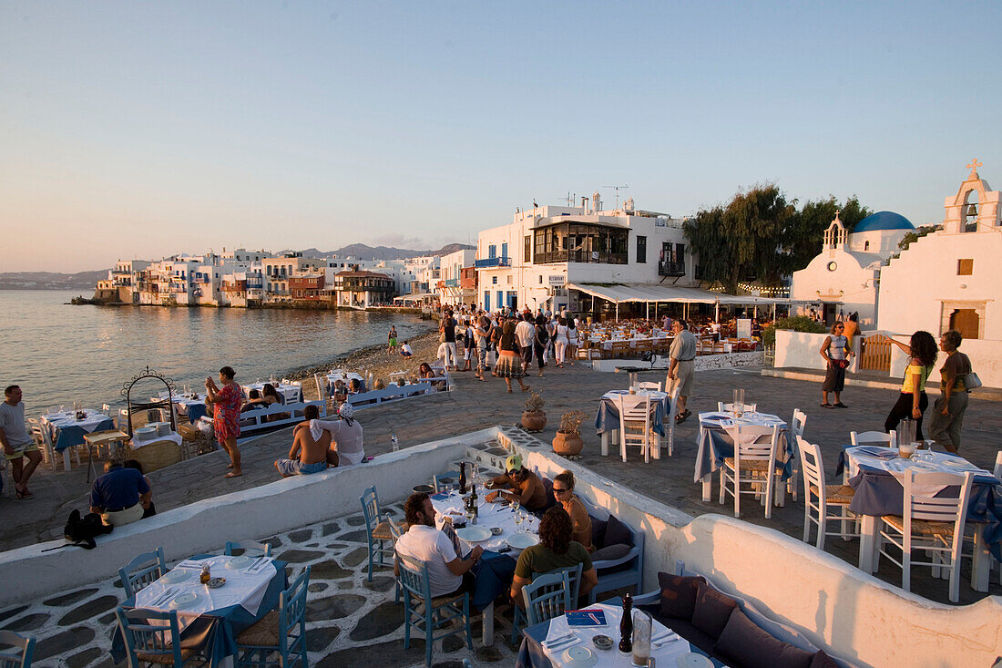 View over restaurants and bars at beach, Little Venice, Mykonos-Town, Mykonos, Greece