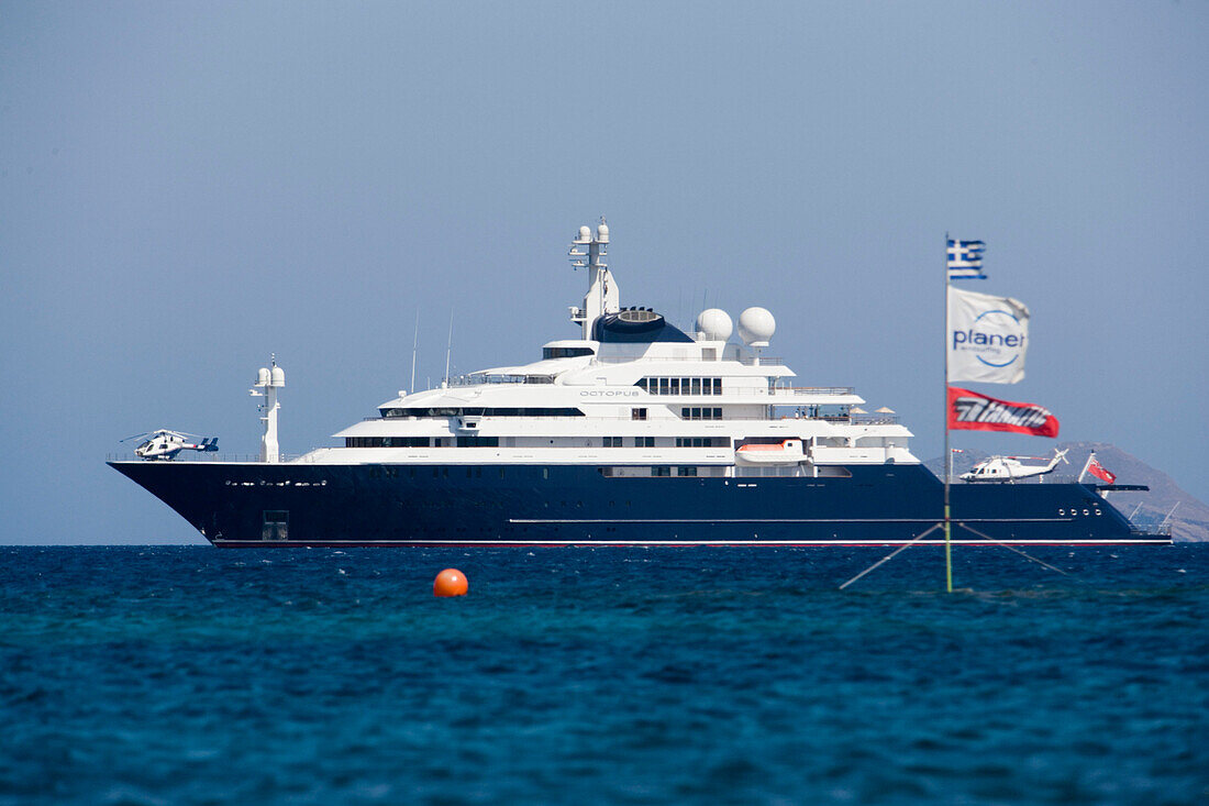 View to the Octopus, the world's third largest private yacht (126,8m) of Paul Allen the co-founder of Microsoft, Mykonos, Greece