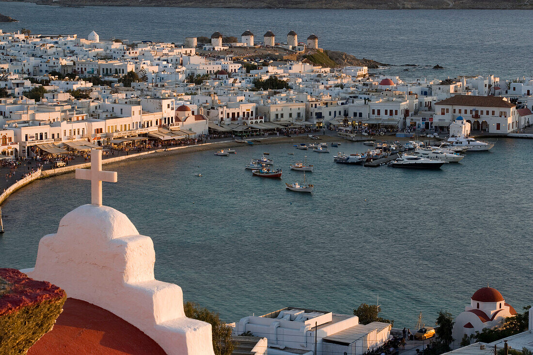 Aerial view of the harbor and the town in the evening, Mykonos-Town, Mykonos, Greece
