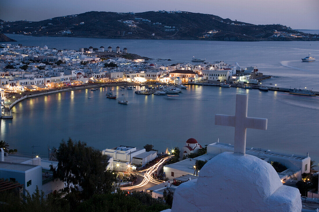 Aerial view of the harbor and the town in the evening, Mykonos-Town, Mykonos, Greece