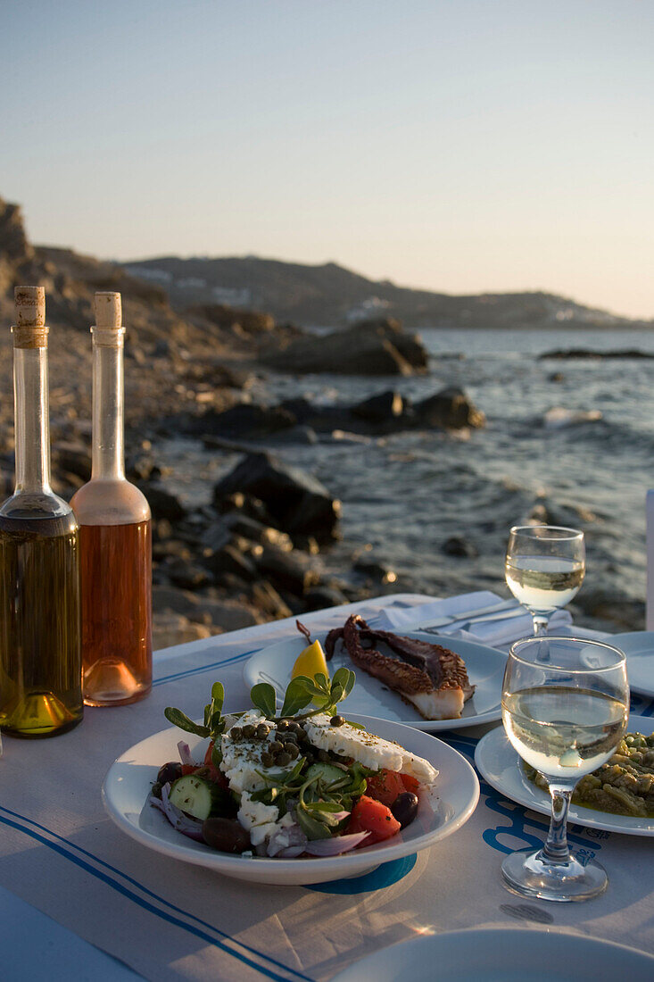 Different greek starters, including salat,  served in the Sea Satin Market Restaurant, Mykonos-Town, Mykonos, Greece