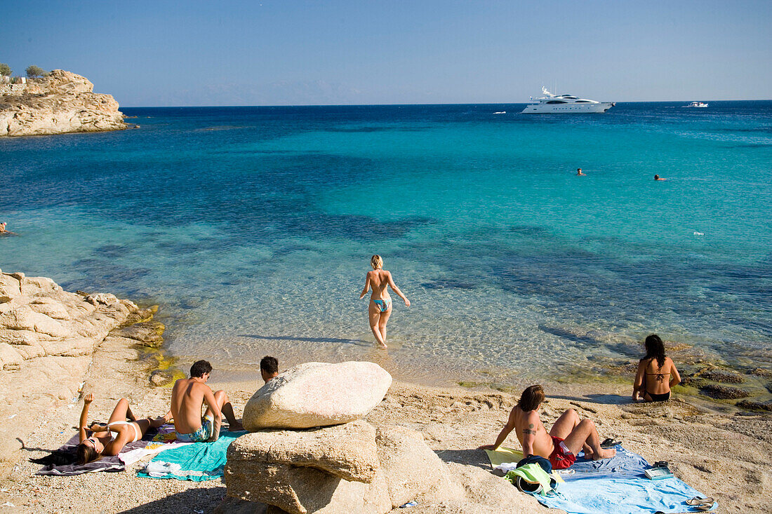 View to the peopled Paranga Beach, Mykonos, Greece