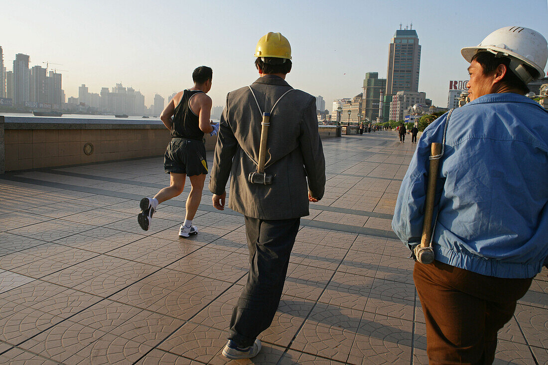 construction workers, jogger