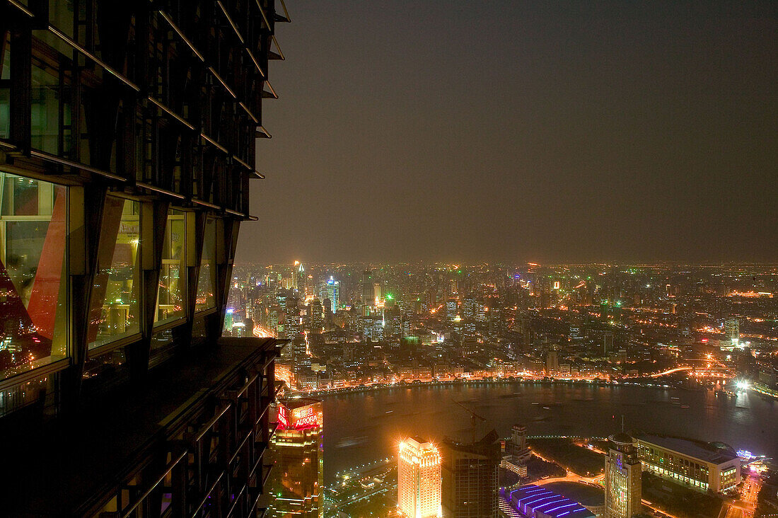 View from Jinmao Tower,Center of Pudong, Huangpu River, Fluß, Pearl Orient Tower, TV Tower, Bund, city centre, Aussicht, observation platform, Aussichtspunkt, Jinmao, aus: "Mythos Shanghai", Shanghai, Sachbuch, Bildband, Fotos Karl Johaentges, Text Erich 