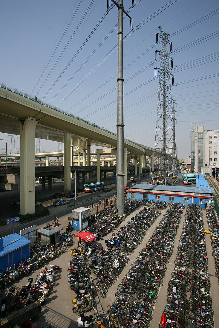 Gaojia motorway,Gaojia, elevated highway system, bridge, Expressway, guarded bicycle parking lot, high voltage powerlines