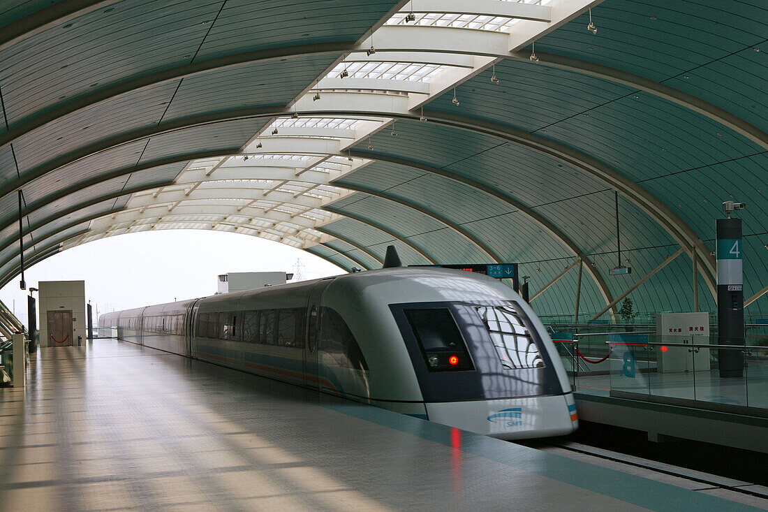 Magnetic Levitation Train Transrapid in Long Yang Station, route Pudong Airport-Center, Shanghai, China