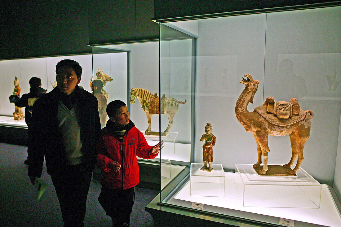 Shanghai Museum, interior,visitors study ancient ceramic sculpture of camel, Museum am People's Square, Renmin Dadao, Kunstgeschichte Chinas, Sammlungen, Ausstellungen, exhibitions, Ancient Chinese Bronzes Gallery, Ancient Chinese Sculpture, Ceramics, pai