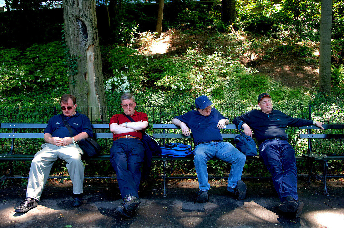 vier dösende Männer im Central Park, Manhatten, New York, USA
