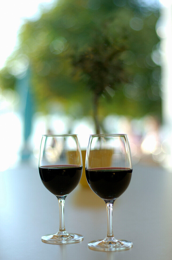 Two glasses of wine at a bar, Leoni, Lake of Starnberg, Bavaria, Germany