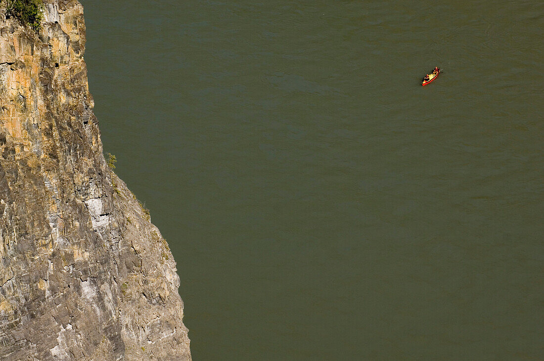 High angle view on people in canoo on Nahanni River, Northwest Territories, Canada