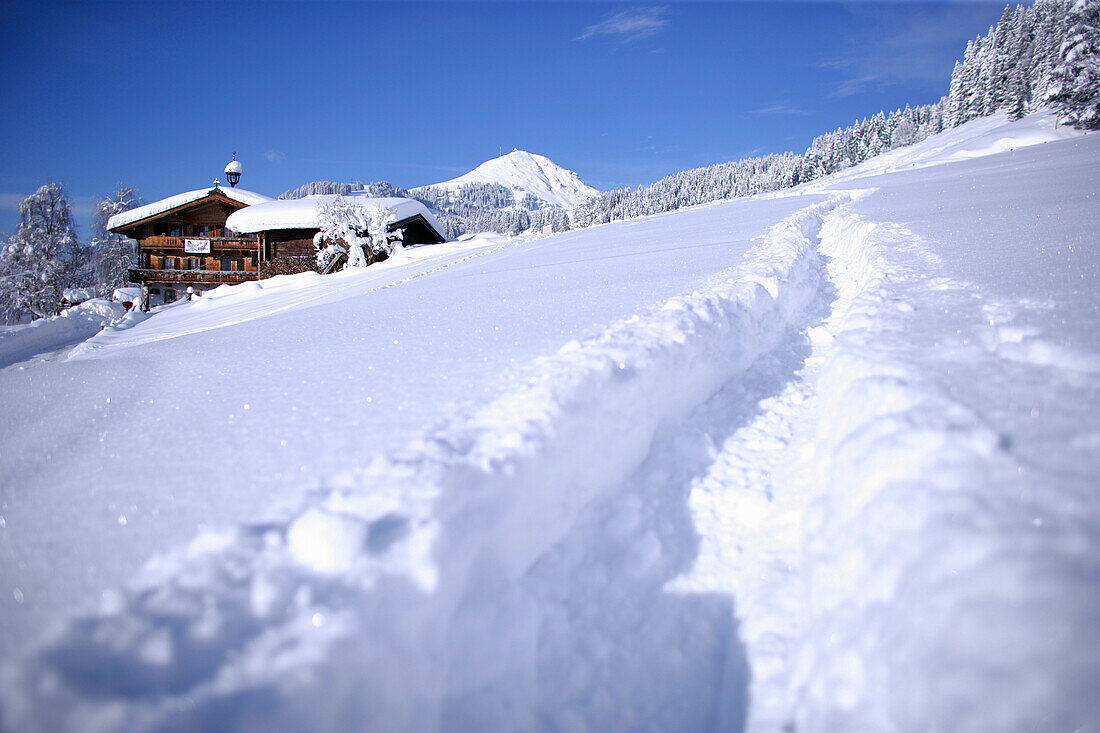 Tiroler Gasthof im Schnee, Nieding, Brixen im Thale, Tirol, Österreich