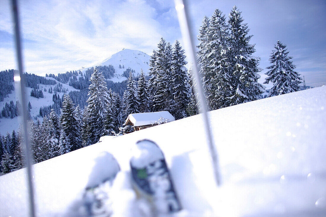Skifahrer vor Hütte, Brixen im Thale, Tirol, Österreich