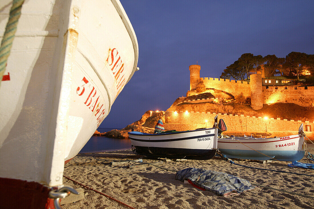 Costa Brava,Fishing Boats on the Beach, Tossa de Mar ,Upper Town, Costa Brava, Catalonia Spain