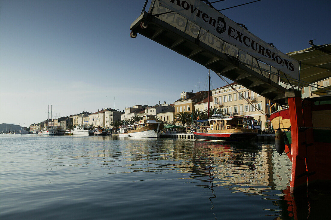 Boats and houses along the waterfront, Mali Losinj Harbour, Cres Island, Croatia