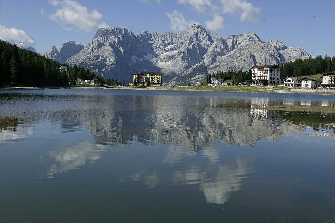 Lake Misurina, Dry Period, Tofana Mountain in background, Veneto, Italy