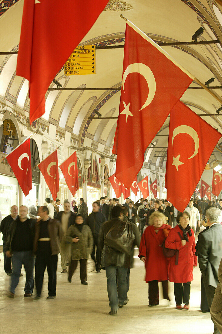 Turkish flags in the indoor market "kapali", Istanbul, Turkey