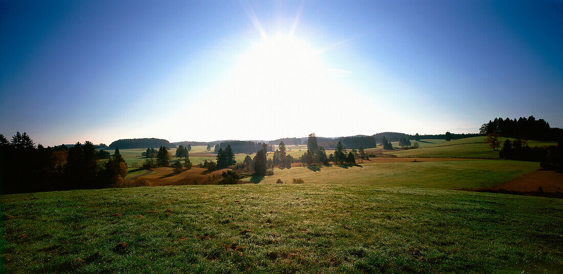 Sonne über typisch bayrischer Landschaft bei Andechs, Bayern, Deutschland
