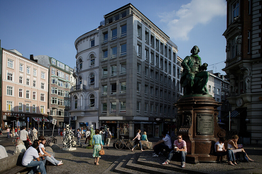 People at Gaensemarkt Square with the Lessing Monument, Hamburg, Germany
