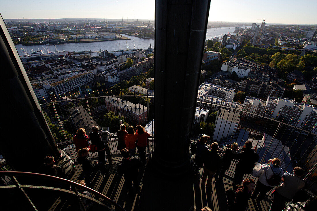 Aerial View from the steeple of St. Michaelis Church, viewing platform, river Elbe, Hamburg