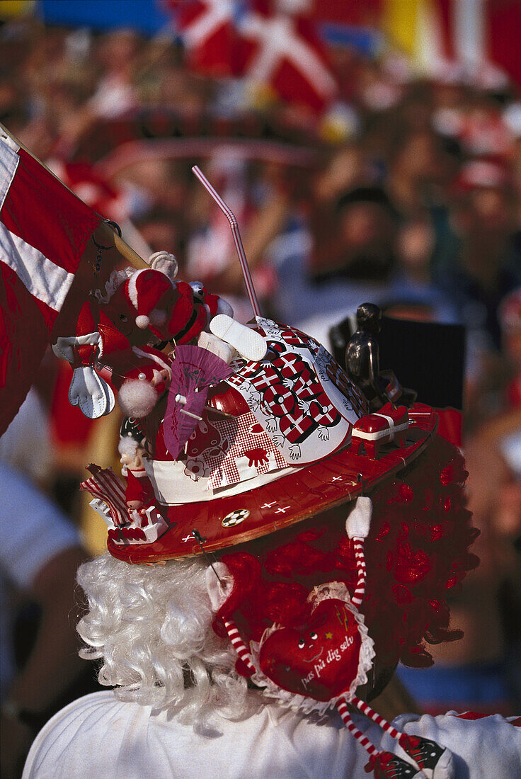 Soccer fan from Danmark, wearing funny hat