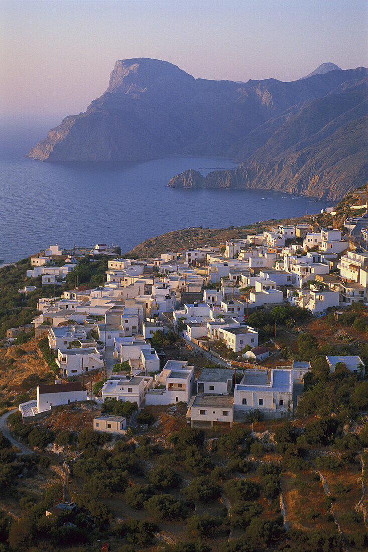 View to Mesohori and coast at dusk, Karpathos, Dodecanese, Greece