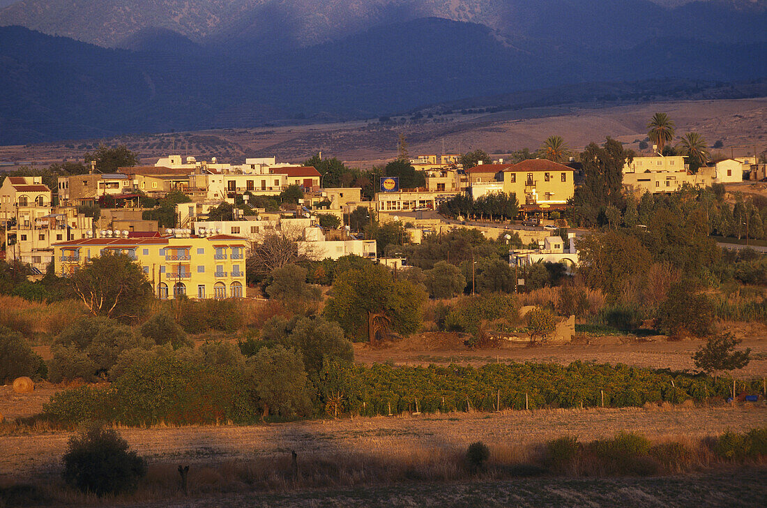 Polis village, in the backgrounsd foothills of Troodos mountains, Cyprus