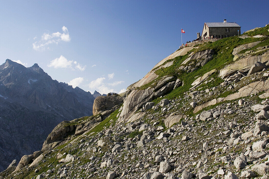 Refuge on mountain summit, Bergell, Bregaglia, Graubuenden, Grisons, Switzerland, Alps