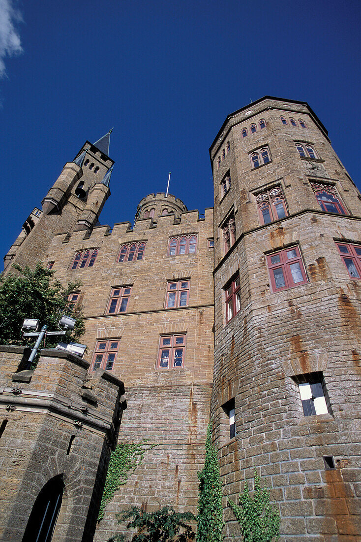 Low Angle View, Hohenzollern Castle, Hechingen, Swabian Alb, Baden-Wuerttemberg, Germany