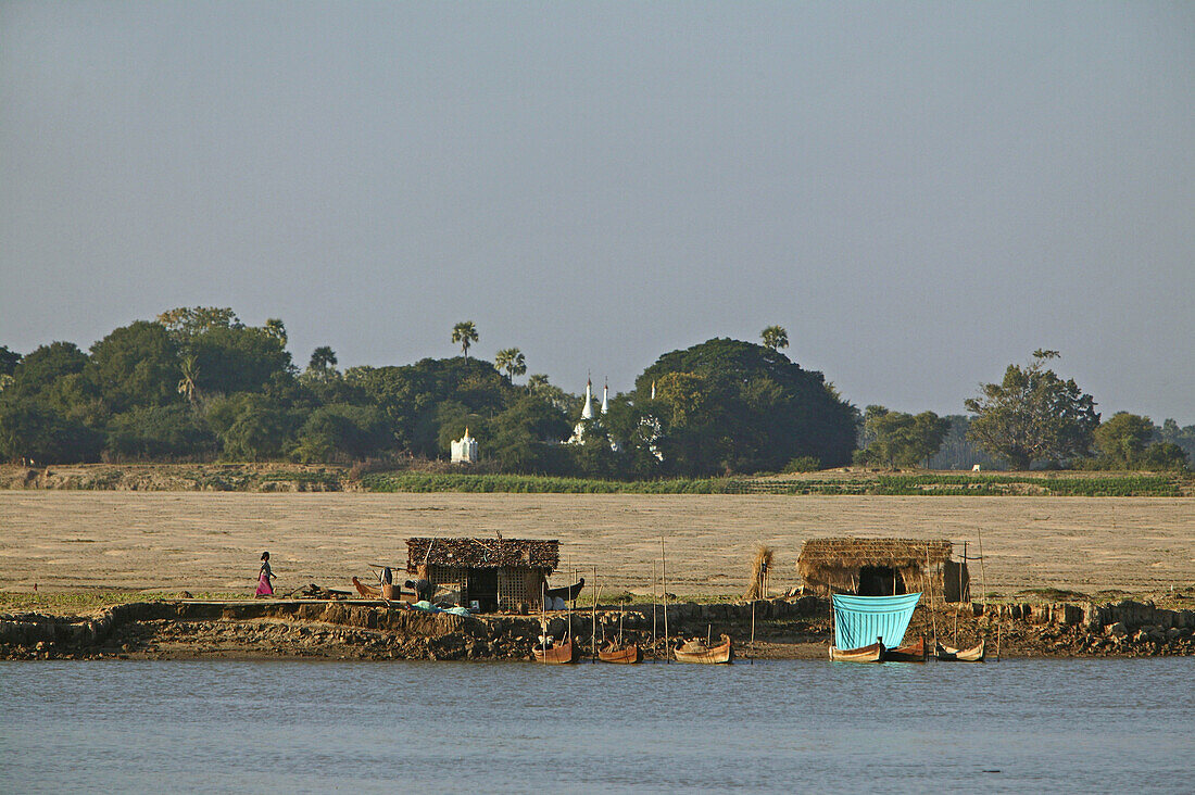 Riverside huts, Irrawaddy river scene, Myanmar
