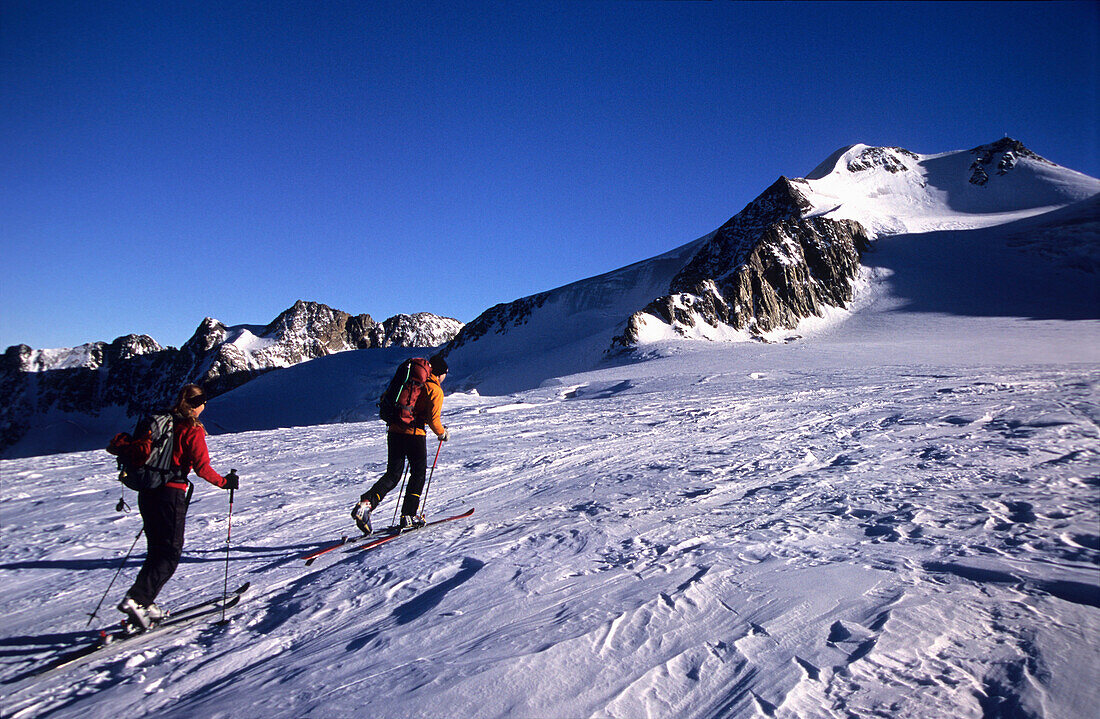 Couple on a Ski Tour, ascending the summit of Wildspitze, 3768 m, Tyrol, Austria