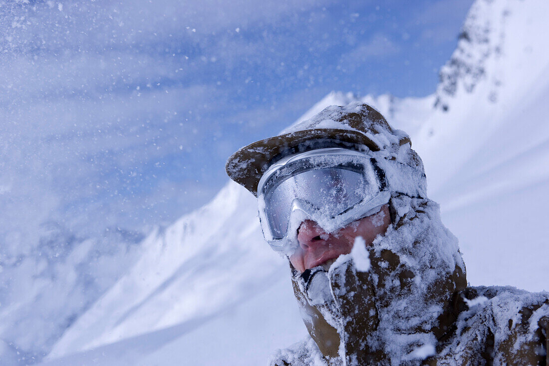 One man fully snowcovered, Kuehtai, Tyrol, Austria