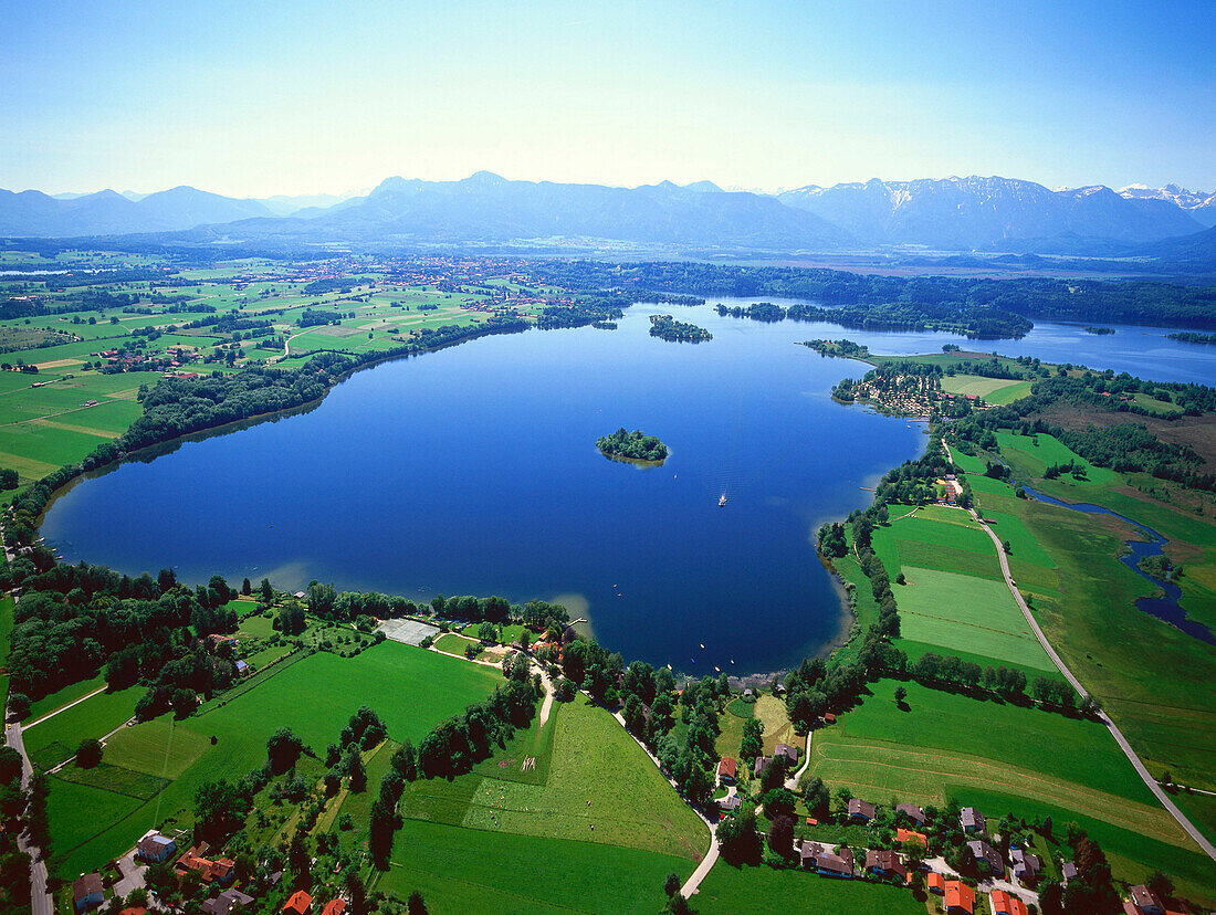 Aerial view of Riegsee with german alps, Upper Bavaria, Germany