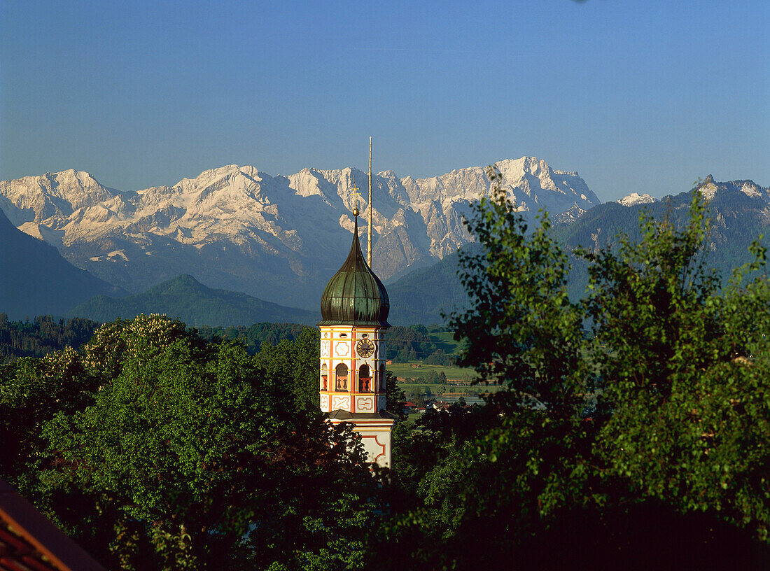 View from Aidlinger Hoehe with Church spire, Upper Bavaria, Bavaria, Germany