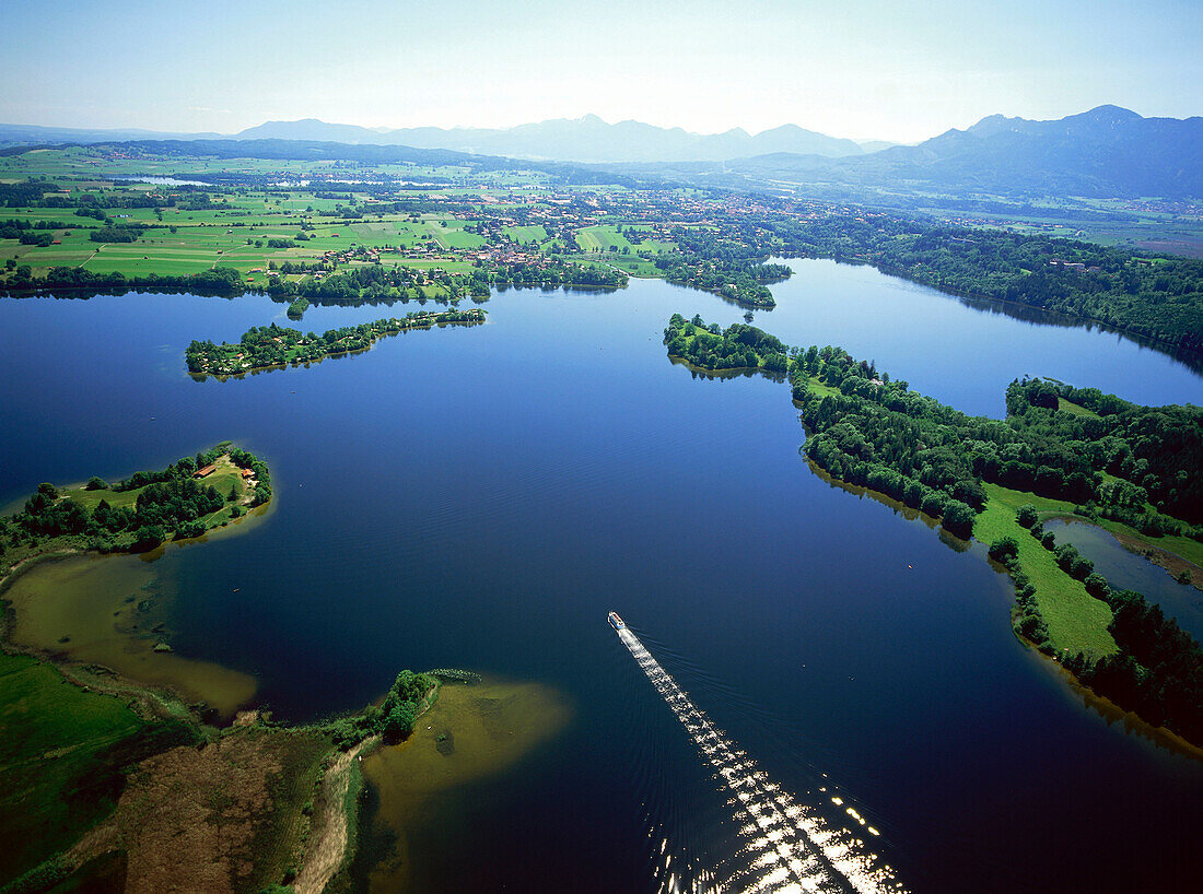 Tourboat on Staffelsee, aerial view, Upper Bavaria, Germany
