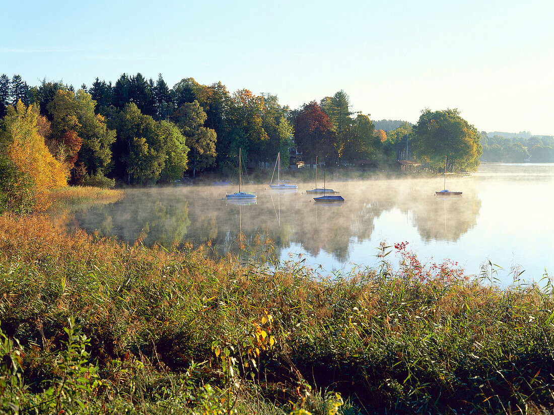 Moored boats on Staffelsee, Upper Bavaria, Germany