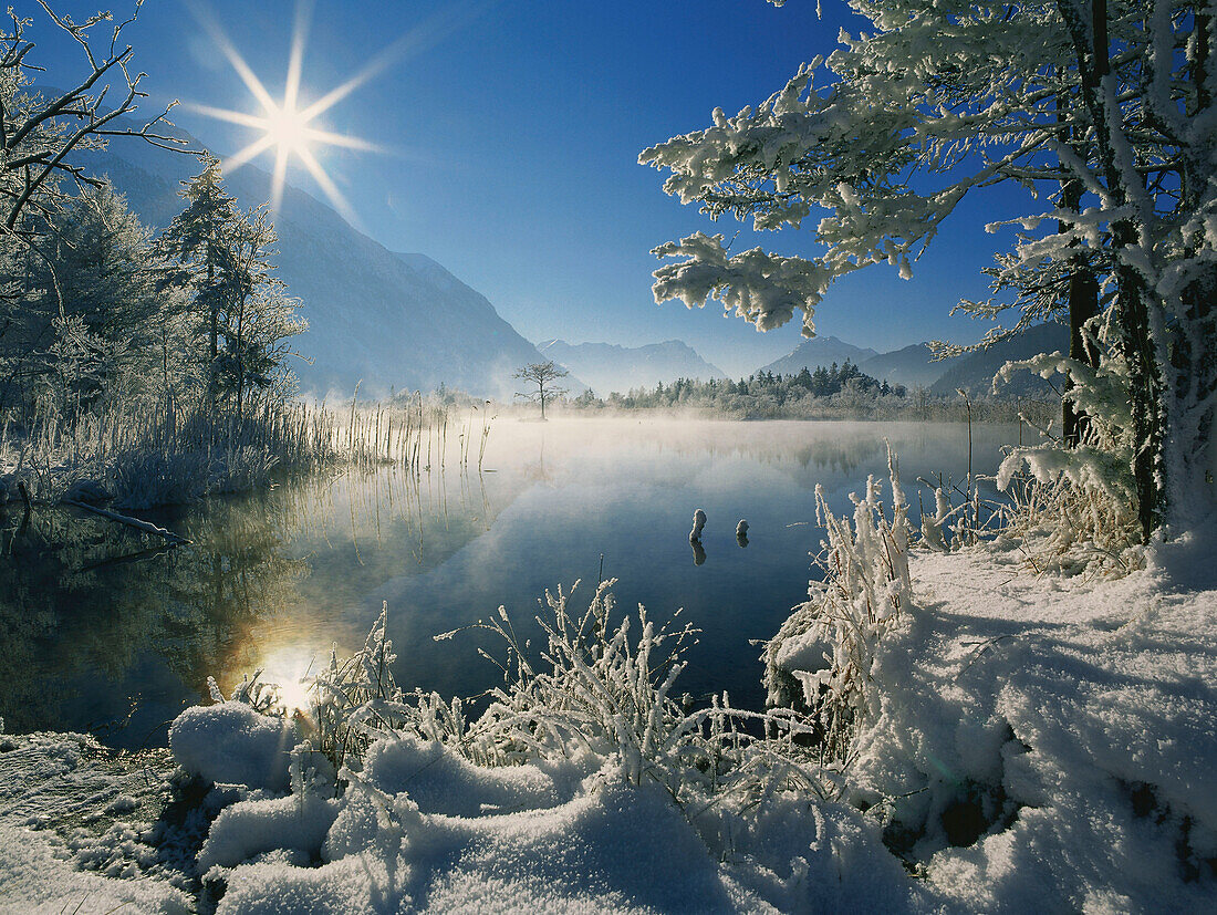 Snow covered landscape, Eschenlohe, Upper Bavaria, Germany