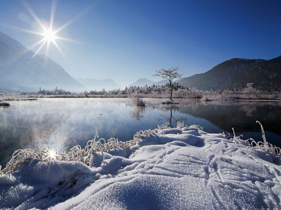 Snow covered landscape, Eschenlohe, Upper Bavaria, Germany