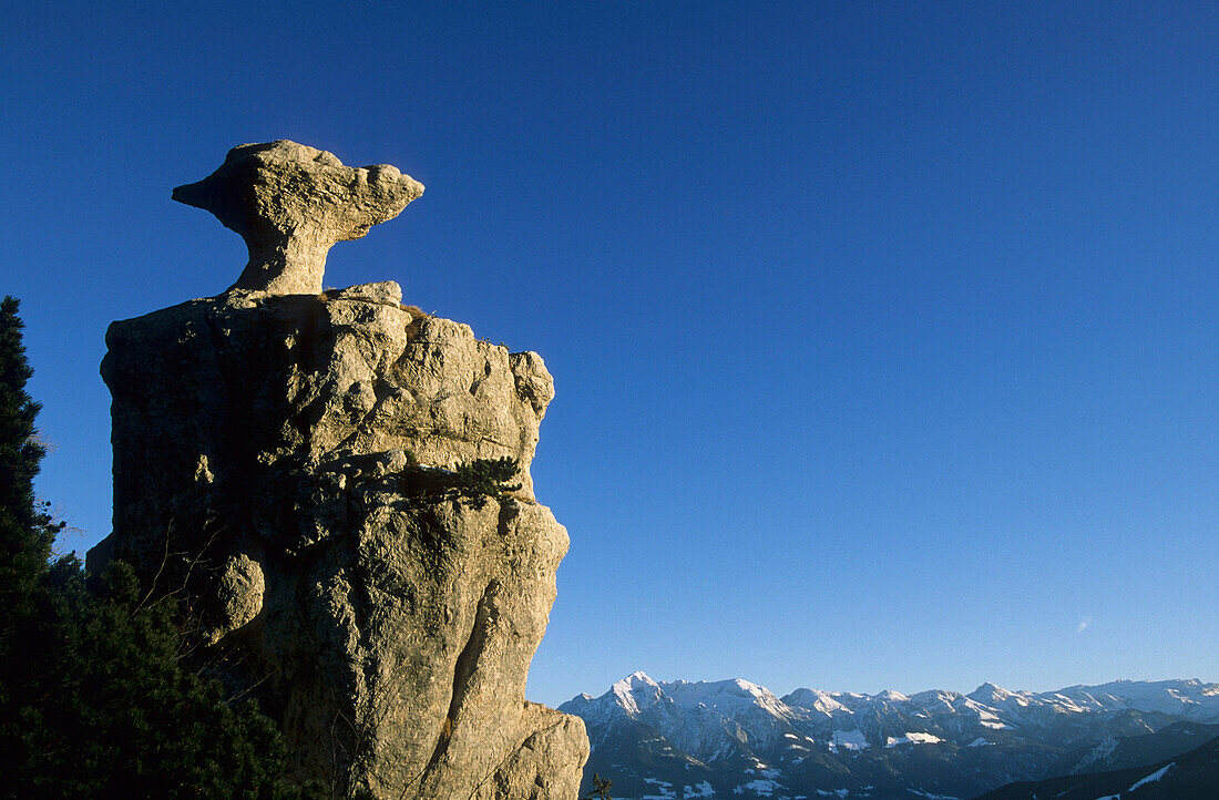 Felsformation der Steinernen Agnes mit Hoher Göll im Hintergrund, Lattengebirge, Berchtesgadener Alpen, Oberbayern, Deutschland