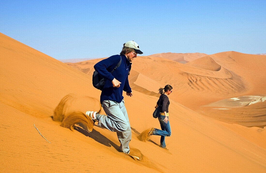 Young couple running down Big Daddy. one of the earth highest dunes, Sossusvlei. Namib desert. Namibia. Africa