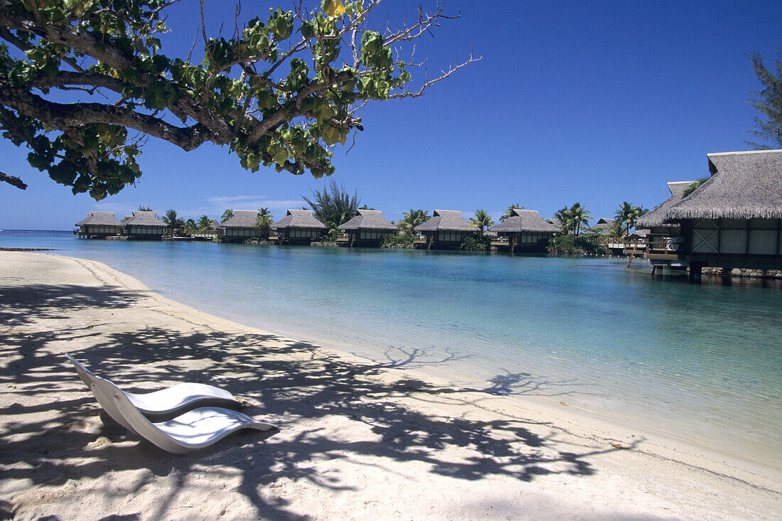 Liegestühle und Wasserbungalows,InterContinental Beachcomber Resort, Moorea, Französisch Polynesien