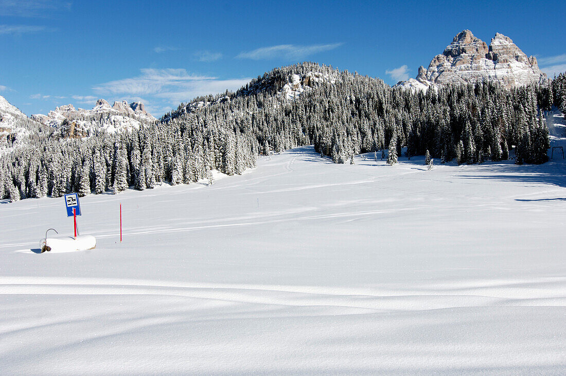 schneebedeckte landschaft bei misurina, im hintergrund drei zinnen, dolomiten, italien