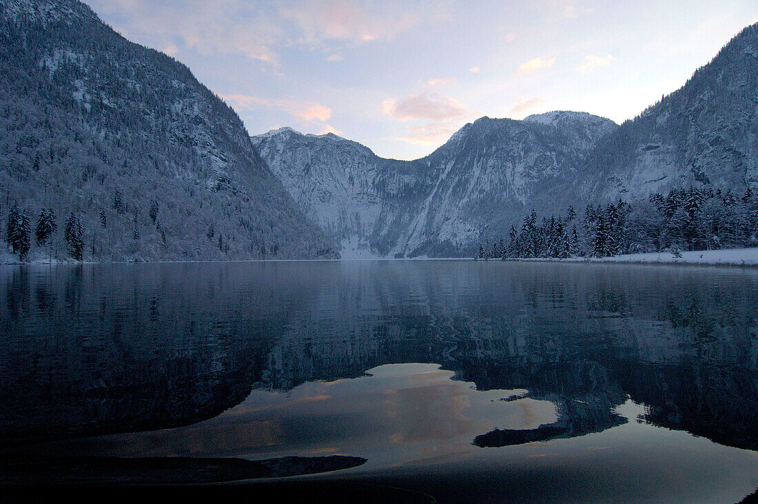 The lake Königssee in front of snow covered mountains, Berchtesgardener Land, Bavaria, Germany