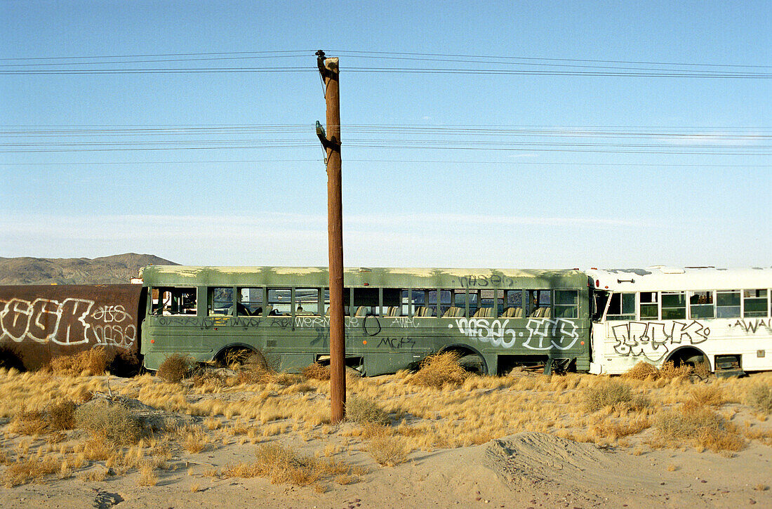Alte Busse auf einem Schrottplatz, Moyave Wüste, Kalifornien, USA