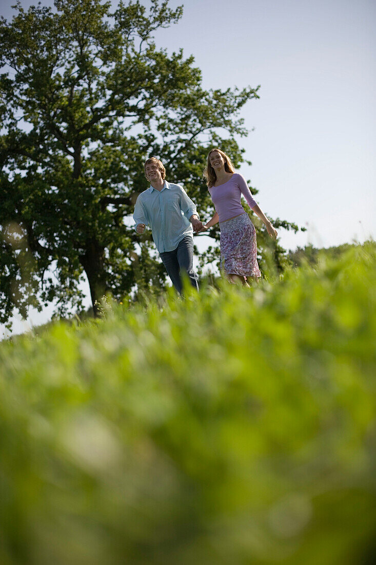 Couple running down on meadow holding hands