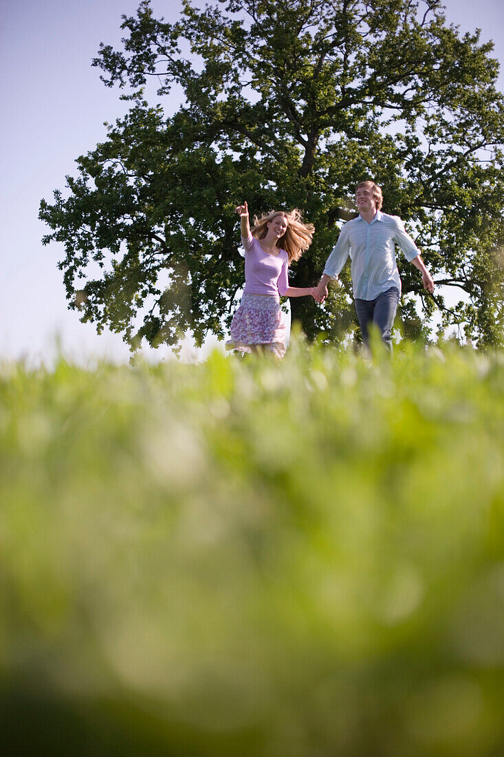 Paar läuft Hand in Hand eine Wiese hinunter