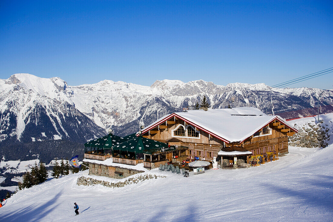 View over snow covered Schafalm to summit of the Dachsteinregion, Planai, Schladming, Ski Amade, Styria, Austria