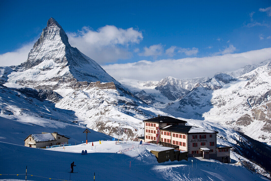 View to Hotel Riffelberg (2582 m), Matterhorn (4478 m) in background, Zermatt, Valais, Switzerland