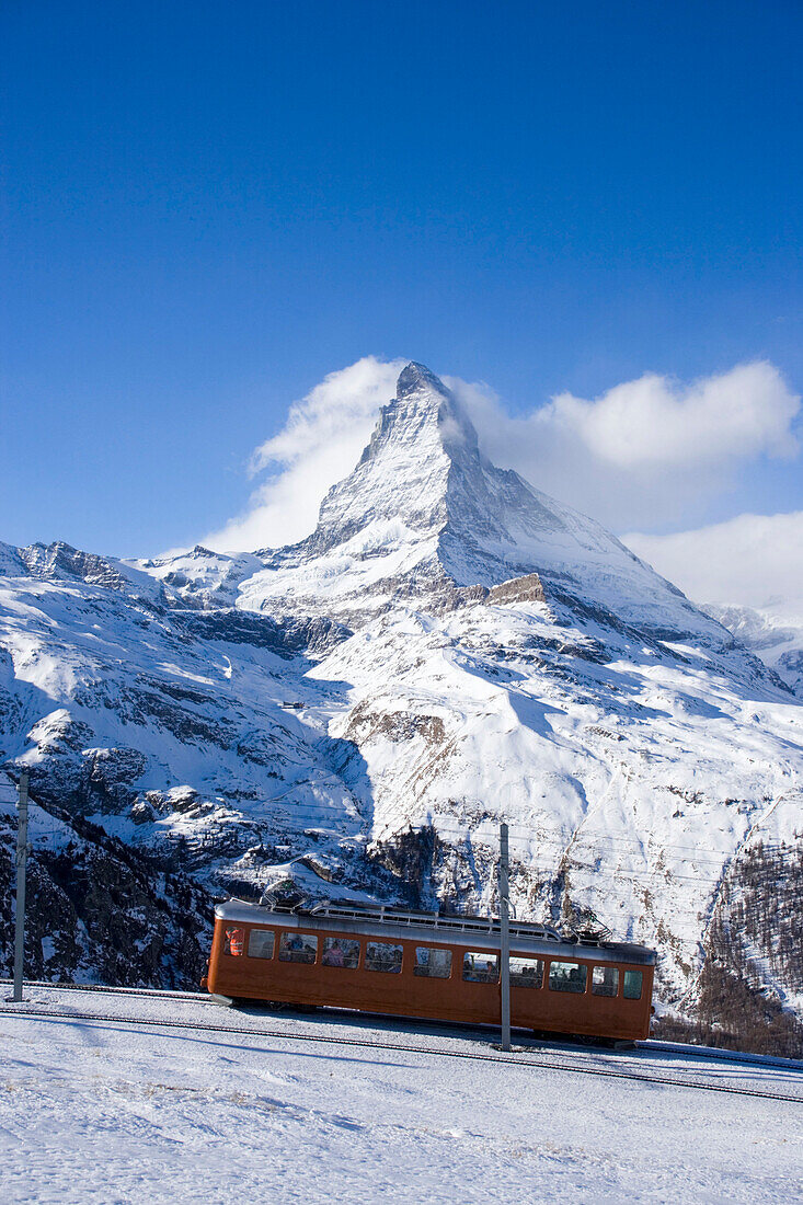 Gornergrat Bahn passing Matterhorn (4478 m), Zermatt, Valais, Switzerland