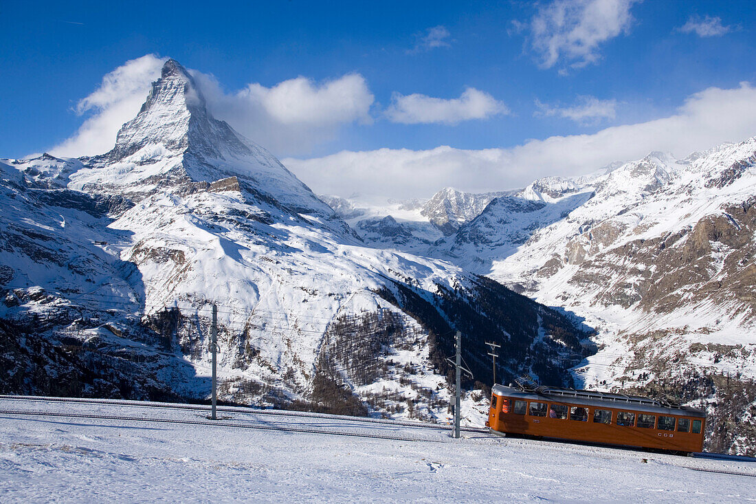 Gornergrat Bahn passing Matterhorn (4478 m), Zermatt, Valais, Switzerland