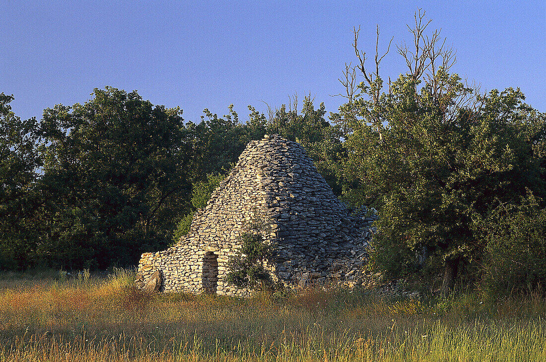 Borie, Steinhütte in idyllischer Landschaft, Luberon, Vaucluse, Provence, Frankreich, Europa